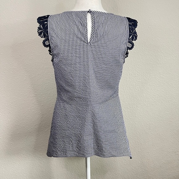 Cabi Lace Flutter Top Women's S Navy Stripe Seersucker Hi-Lo Hem Stretch #5727 - Picture 4 of 7